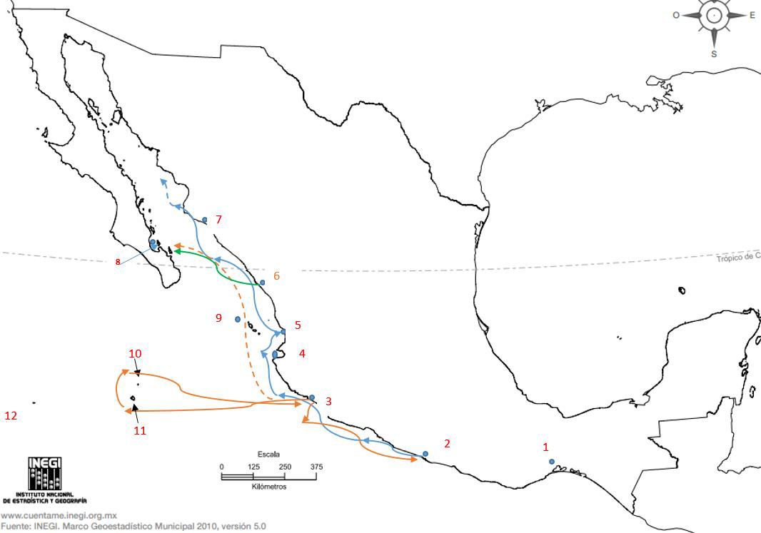 Mapa No. 2. LAS PRIMERAS EXPLORACIONES MANDADAS POR HERNÁN CORTÉS EN EL OCÉANO PACÍFICO